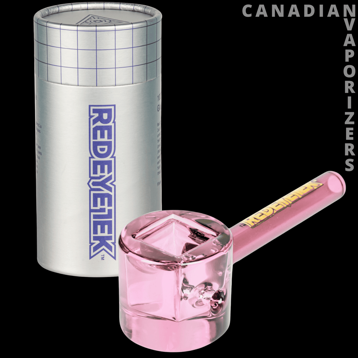 Red Eye Tek 4.5" Infinity Bowl Circle Hand Pipe - Pink glass hand pipe with a faceted bowl beside a silver Red Eye Tek metal container.