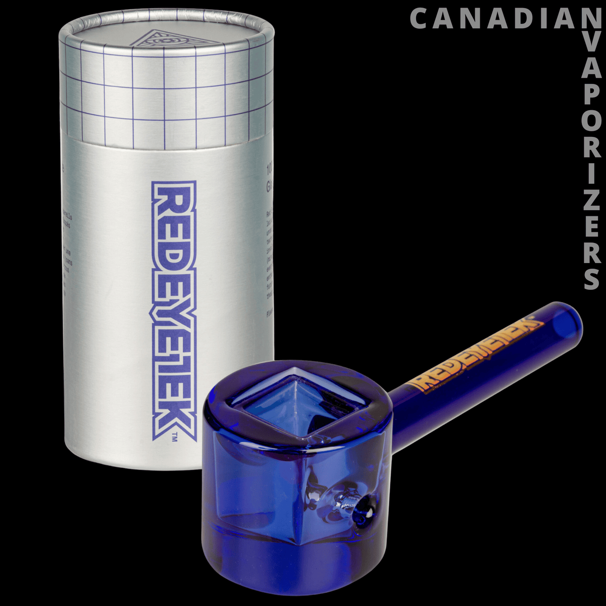 Red Eye Tek 4.5" Infinity Bowl Circle Hand Pipe - Blue glass hand pipe with a cylindrical bowl and long stem beside a silver Red Eye Tek case.