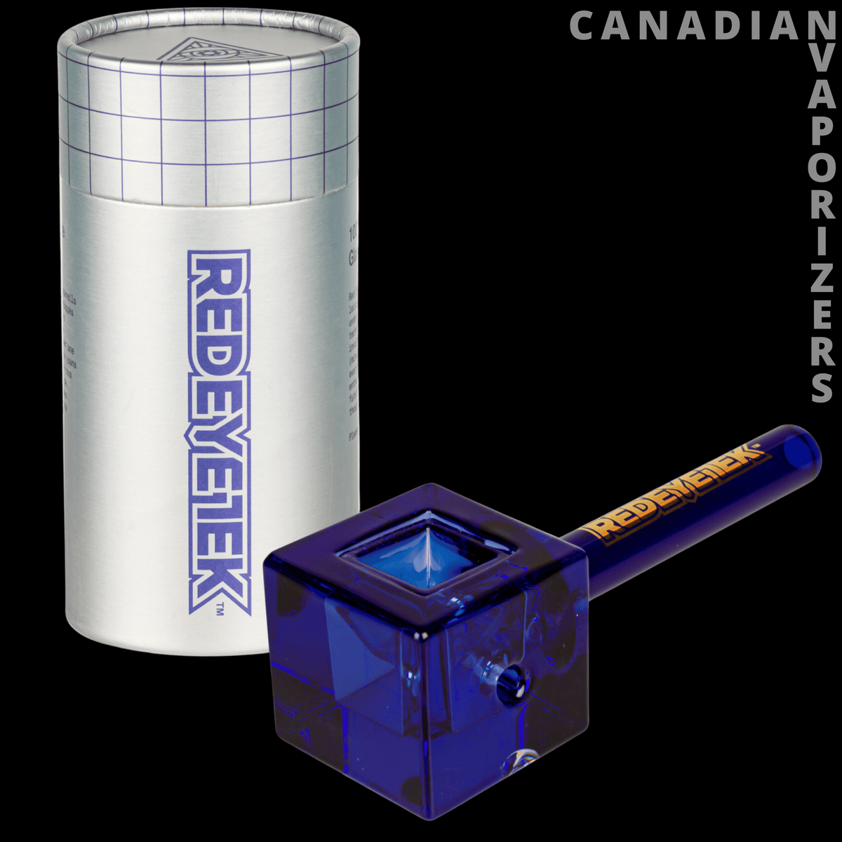 Red Eye Tek 4.5" Infinity Bowl Square Hand Pipe - Translucent cobalt-blue square glass hand pipe with a long amber-and-blue stem, beside a silver Red Eye Tek canister.