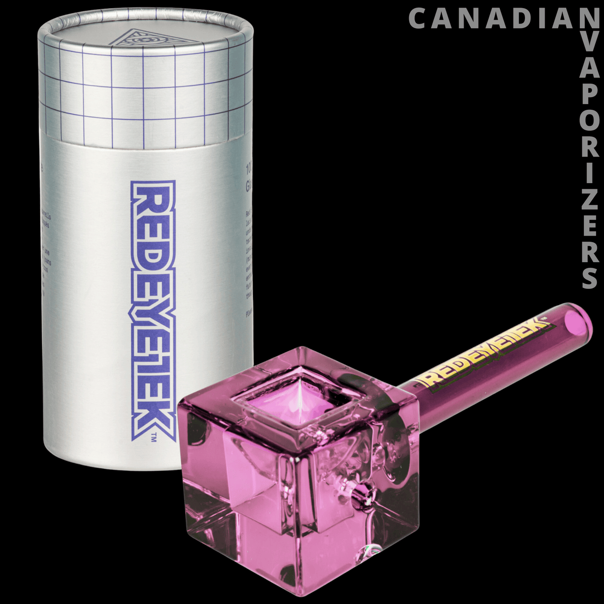Red Eye Tek 4.5" Infinity Bowl Square Hand Pipe - Pink translucent square glass hand pipe with a long gold-and-pink stem, beside a silver Red Eye Tek case.