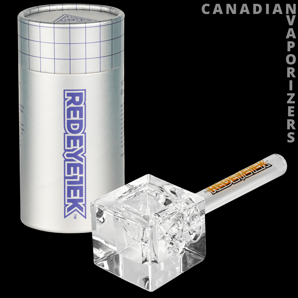 Red Eye Tek 4.5" Infinity Bowl Square Hand Pipe - Clear square glass hand pipe with a faceted bowl and slim mouthpiece, beside a silver Red Eye Tek canister.