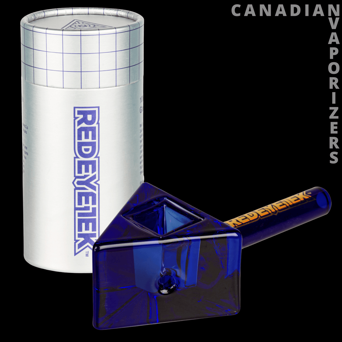 Red Eye Tek 4.5" Infinity Bowl Triangle Hand Pipe - Blue translucent triangular glass hand pipe with a raised bowl and long side stem beside a white Red Eye Tek container.