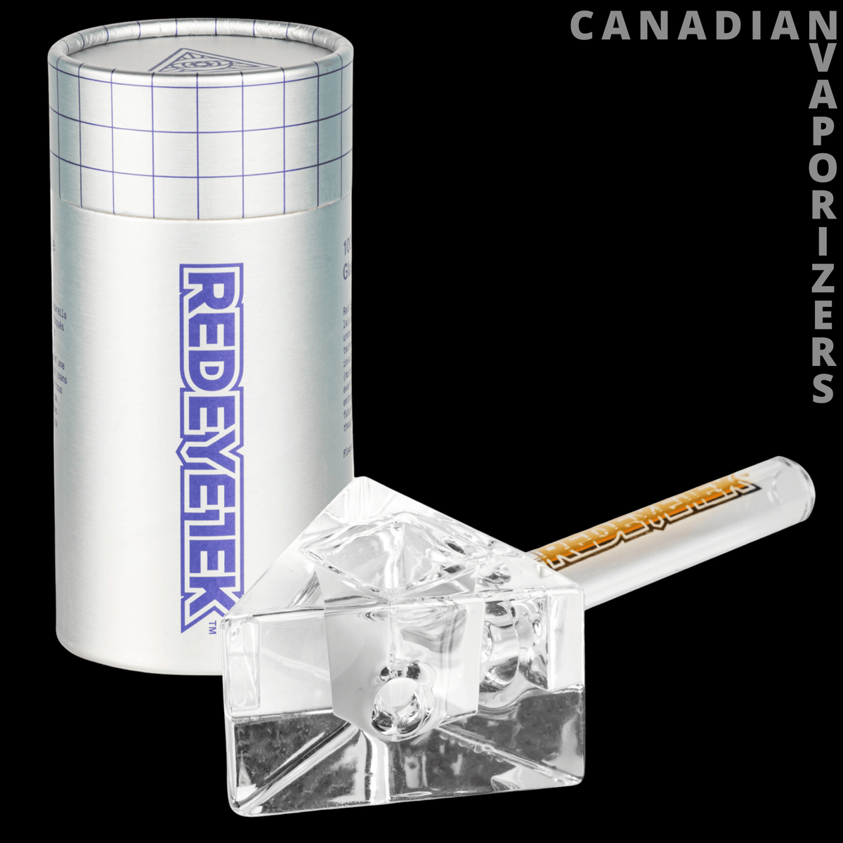 Red Eye Tek 4.5" Infinity Bowl Triangle Hand Pipe - Clear faceted glass triangular hand pipe with an amber-accented stem beside a Red Eye Tek case.