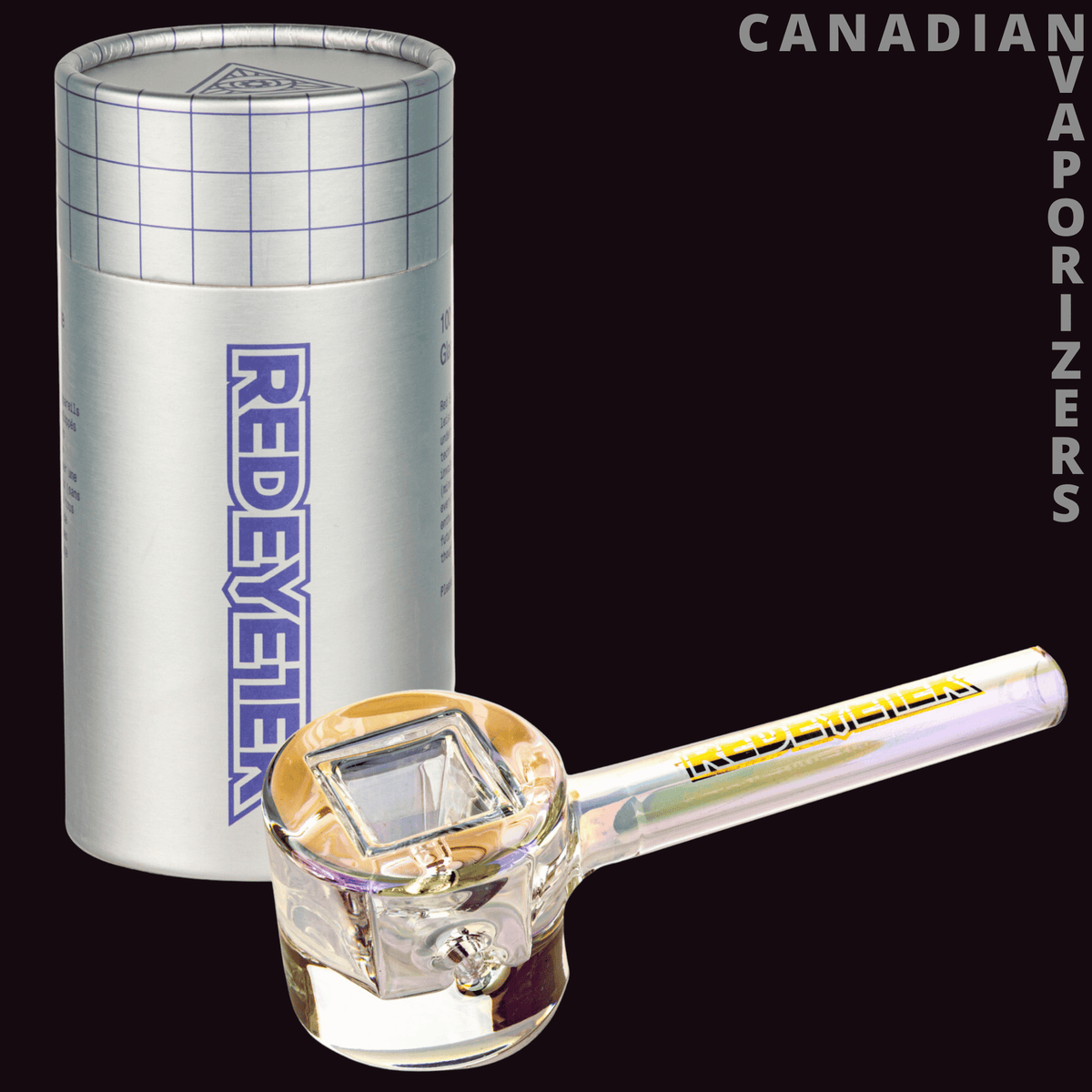 Red Eye Tek 4.5" Metallic Terminator Finish Infinity Bowl Circle Hand Pipe - Clear glass hand pipe with a round bowl and straight stem beside a silver Red Eye Tek container.