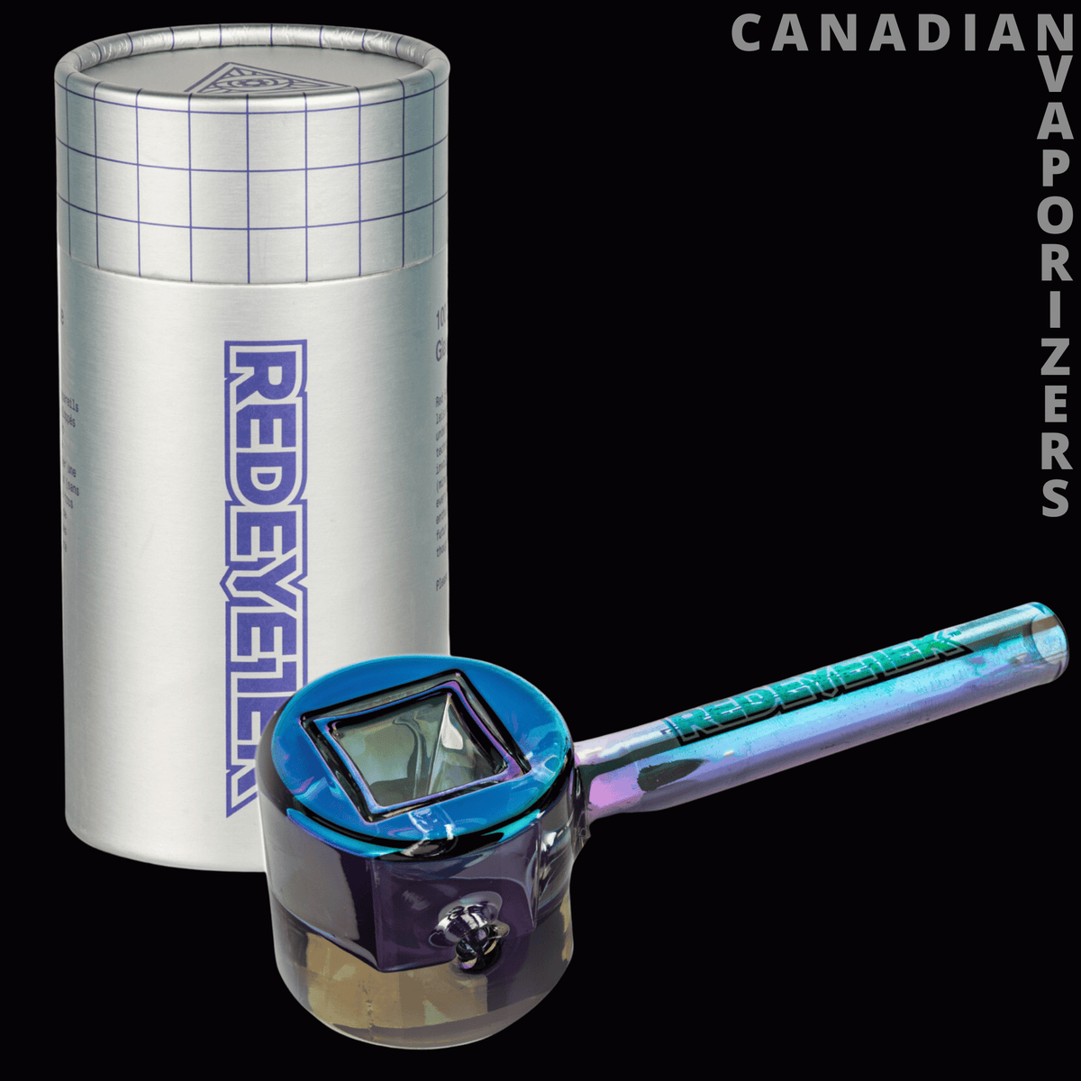 Red Eye Tek 4.5" Metallic Terminator Finish Infinity Bowl Circle Hand Pipe - Blue metallic glass hand pipe with a square bowl and long, iridescent straight stem.