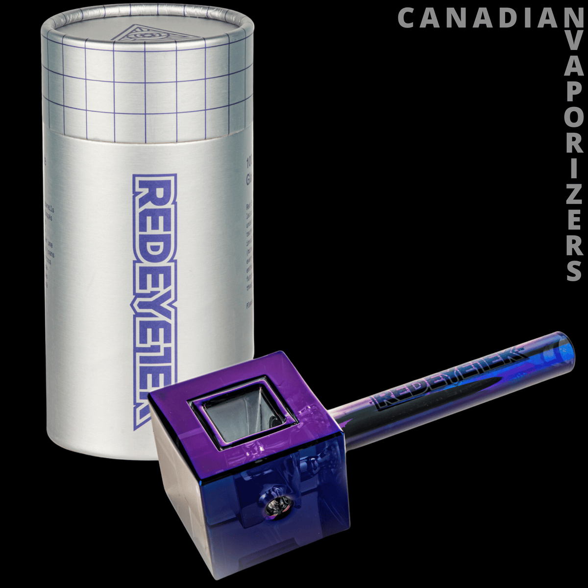Red Eye Tek 4.5" Metallic Terminator Finish Infinity Bowl Square Hand Pipe - Purple metallic square hand pipe with a blue iridescent stem and a silver Red Eye Tek container behind it.