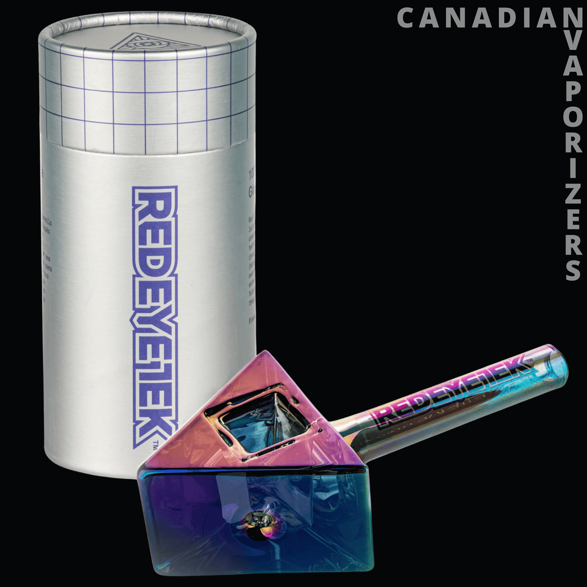 Red Eye Tek 4.5" Metallic Terminator Finish Infinity Bowl Triangle Hand Pipe - Iridescent triangular glass hand pipe with a long matching stem beside a silver Red Eye Tek case.