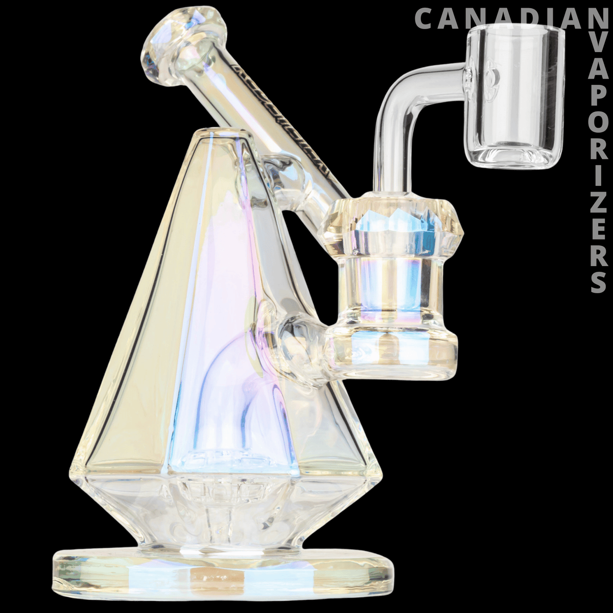 Red Eye Tek 5" Metallic Terminator Finish Pyxis Pyramid Concentrate Rig - Clear glass pyramid concentrate rig with iridescent rainbow accents, angled neck, and cylindrical quartz banger.