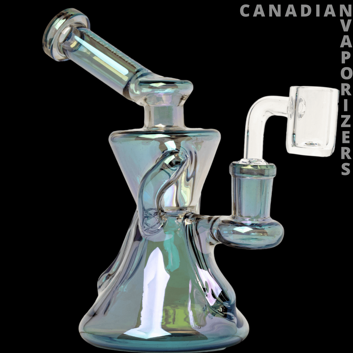 Red Eye Tek | 6" Metallic Terminator Finish Gamma Concentrate Recycler - Metallic blue-green glass recycler rig with flared base, angled neck, and quartz banger.
