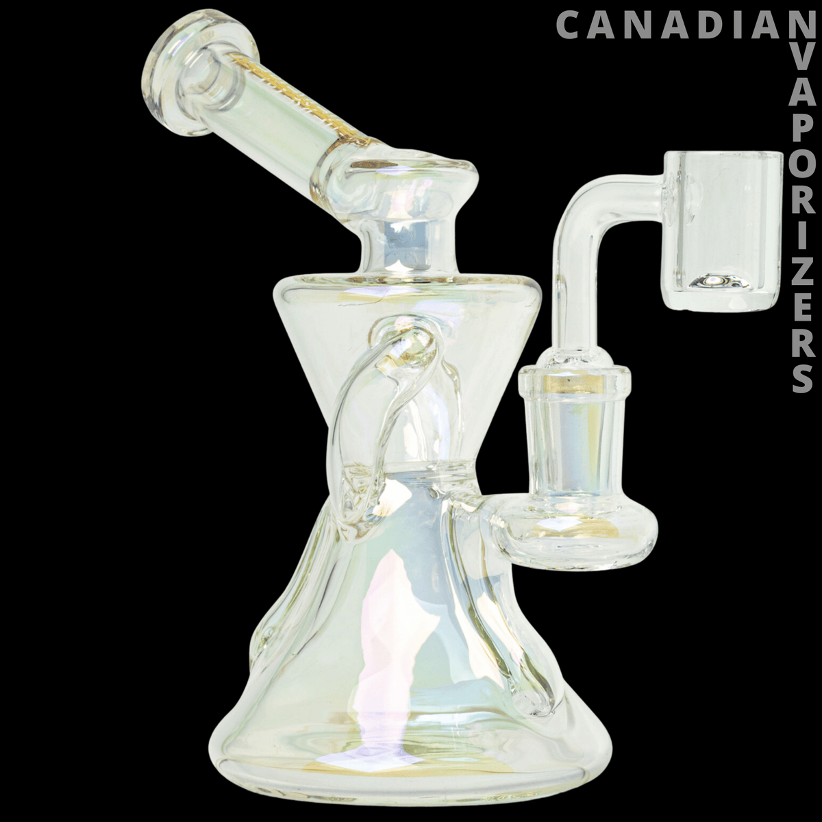 Red Eye Tek | 6" Metallic Terminator Finish Gamma Concentrate Recycler - Clear glass concentrate recycler with angled neck, compact side chamber, and flared base.