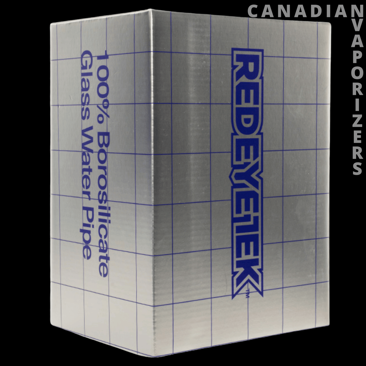 Red Eye Tek 7" Metallic Terminator Finish Aquila Concentrate Rig - White Red Eye Tek glass water pipe box with blue grid lines and vertical branding.