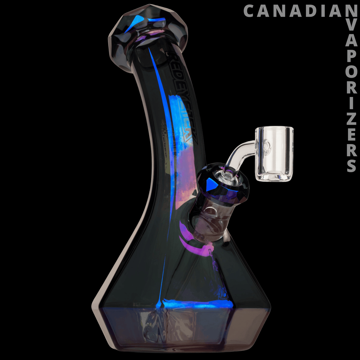 Red Eye Tek 8" Metallic Terminator Finish Carina Lean Back Beaker Base Concentrate Rig - Blue metallic glass concentrate rig with a curved neck, angular beaker base, and clear side-mounted chamber.