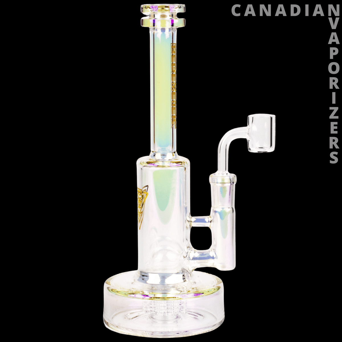 Red Eye Tek 9" Metallic Terminator Finish Avalon Concentrate Rig - Clear glass concentrate rig with iridescent green accents, tall neck, rounded base, and quartz banger.