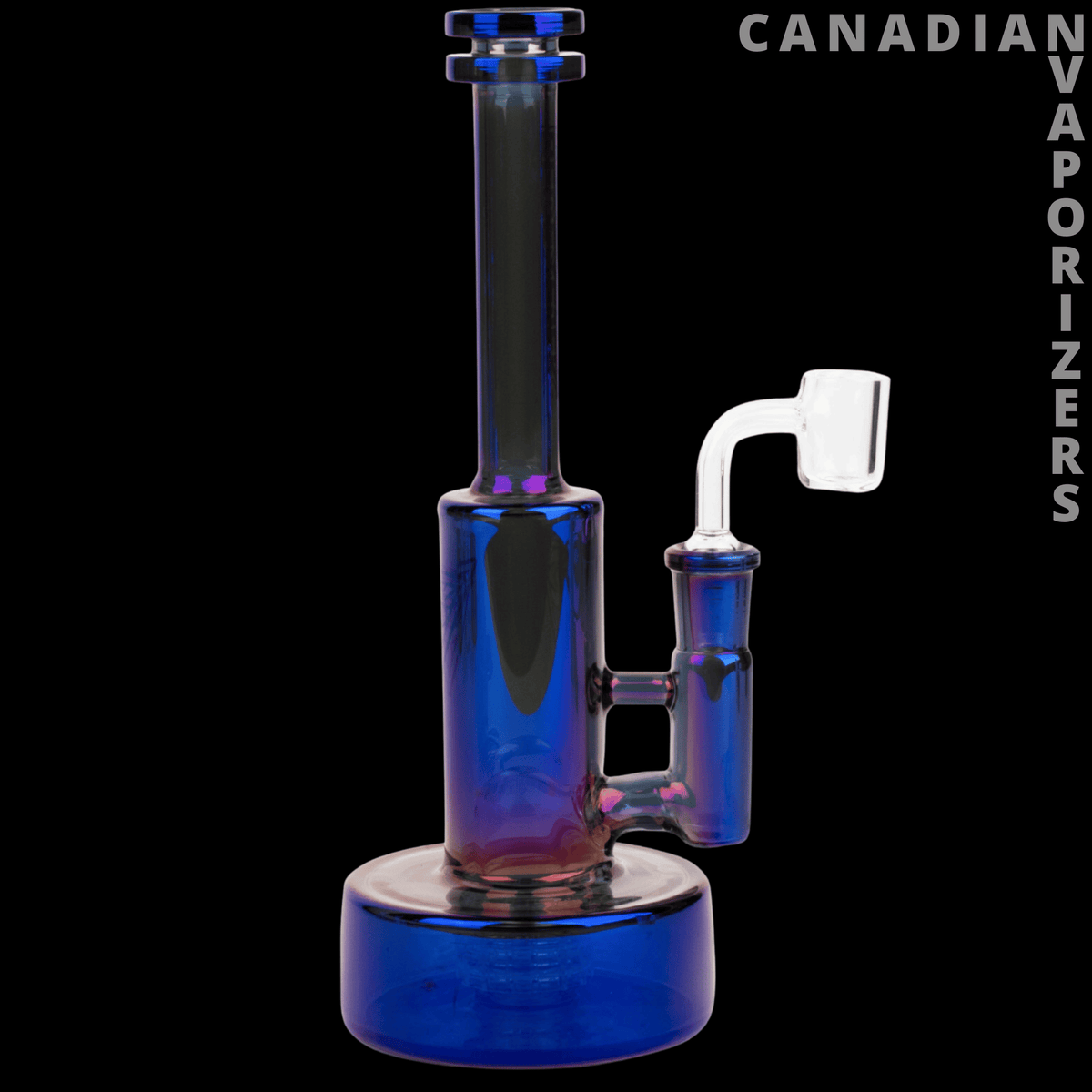 Red Eye Tek 9" Metallic Terminator Finish Avalon Concentrate Rig - Blue metallic glass concentrate rig with a wide round base, tall neck, side chamber, and white angled mouthpiece.