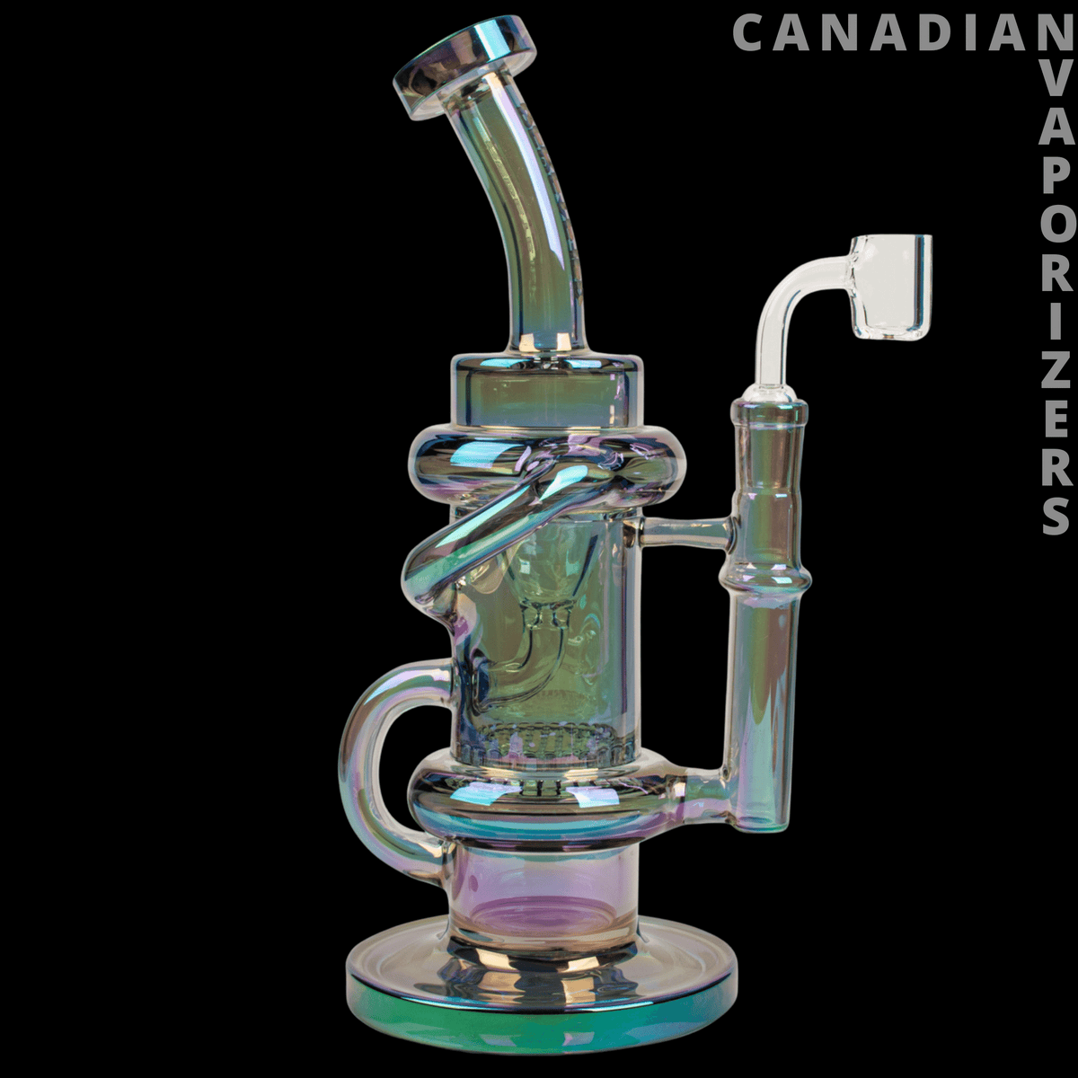 Red Eye Tek | 9.5” Metallic Klein Recycler Dab Rig - Rainbow metallic glass Klein recycler dab rig with curved neck, looped recycling chamber, and round base.