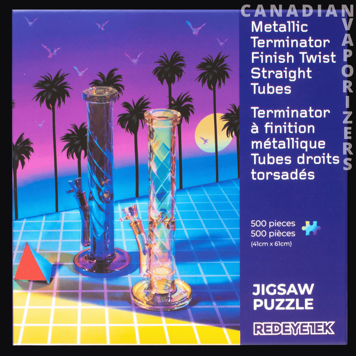Red Eye Tek Jigsaw Puzzle (500 Pieces) - 500-piece Red Eye Tek jigsaw puzzle featuring colorful glass tubes against a neon sunset and palm trees.