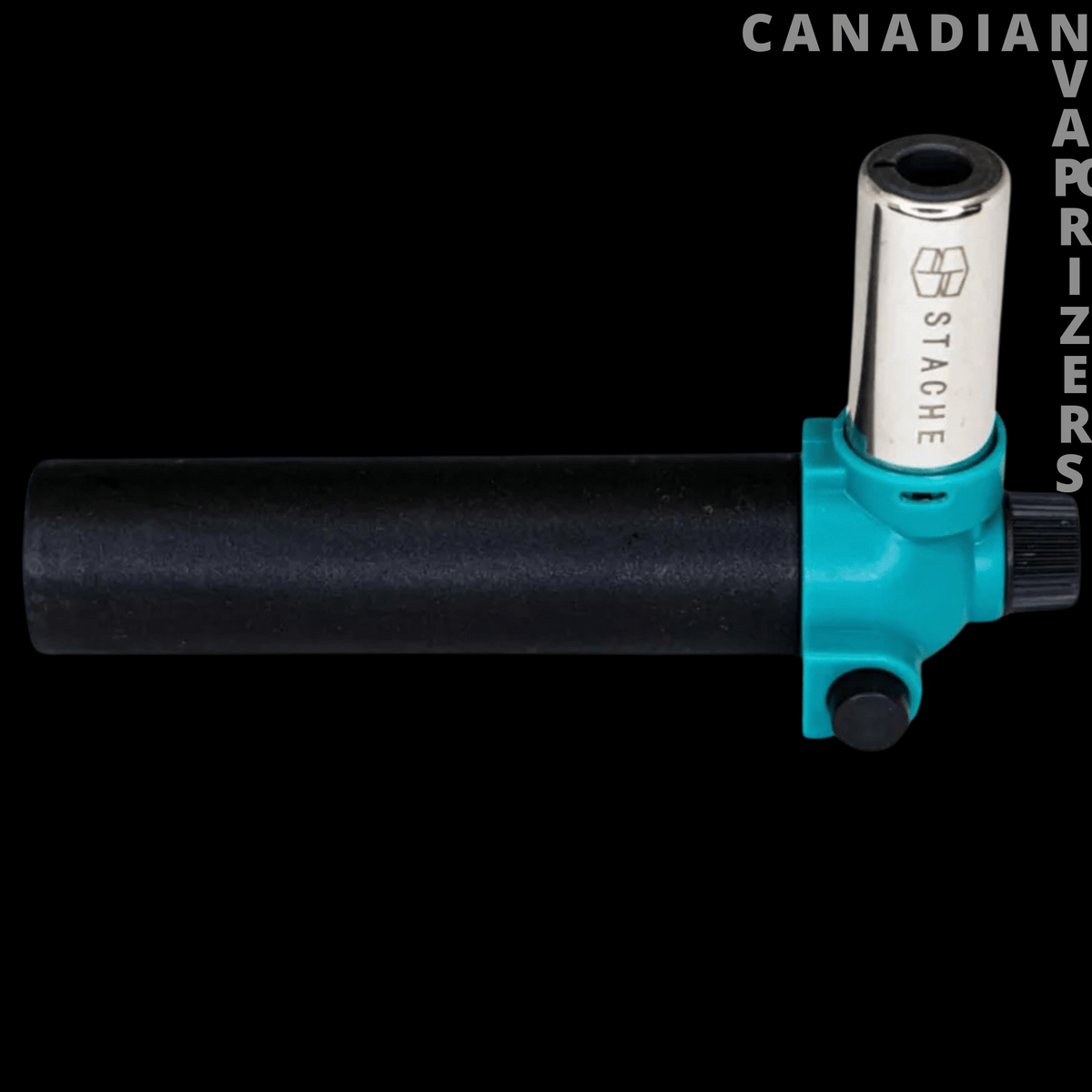 RiO Torch - Teal RiO torch with a long black handle and silver ignition barrel labeled “Stache.”.