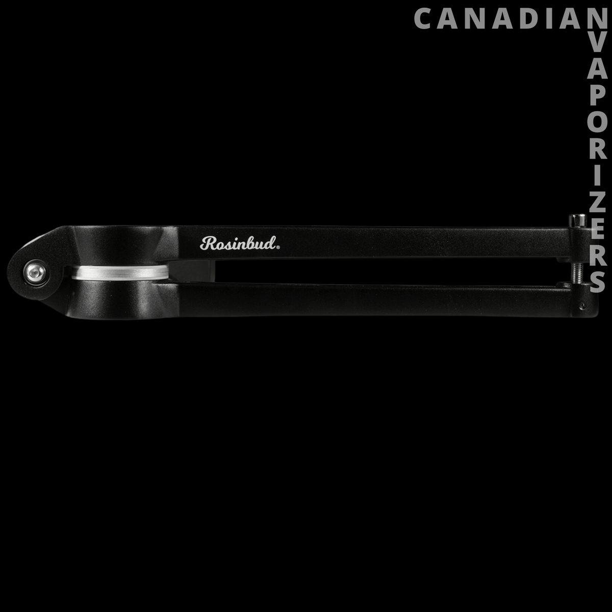 Rosinbud M1 Rosin Press - Black Rosinbud M1 rosin press with a long horizontal handle and polished silver pivot hardware.