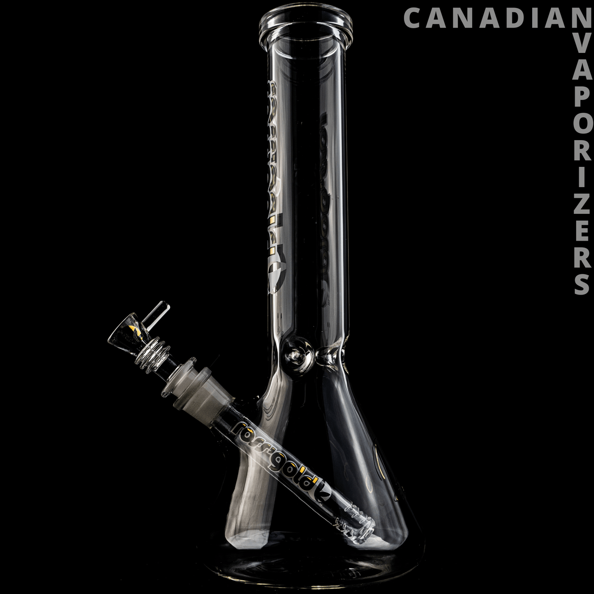 Ross Gold Straight Tube Beaker - Clear glass straight-tube beaker with a wide base, angled joint, and gold accents.