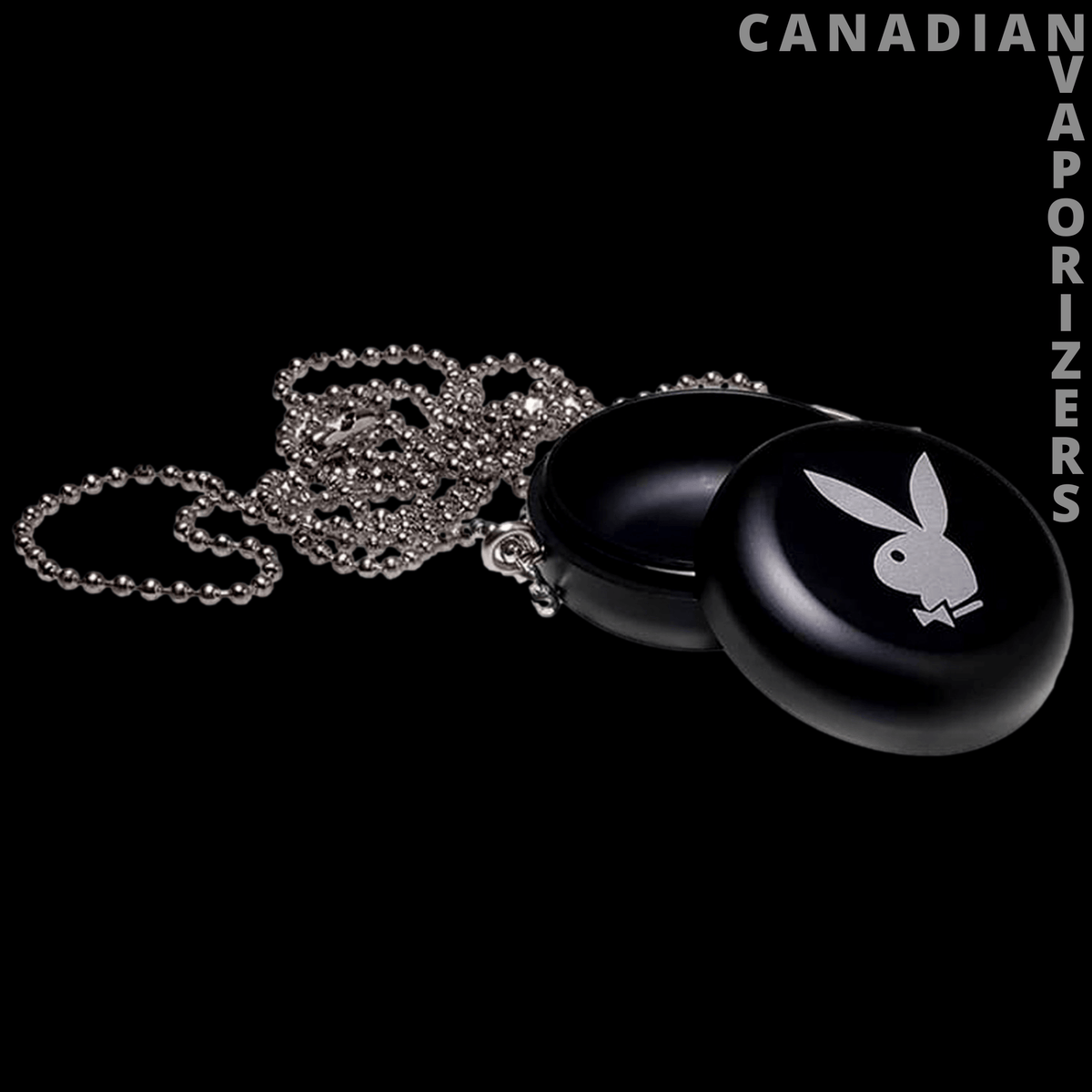 Ryot Pendant Storage Necklace (Playboy Edition) - Black oval pendant storage necklace with silver chain and white Playboy bunny logo.