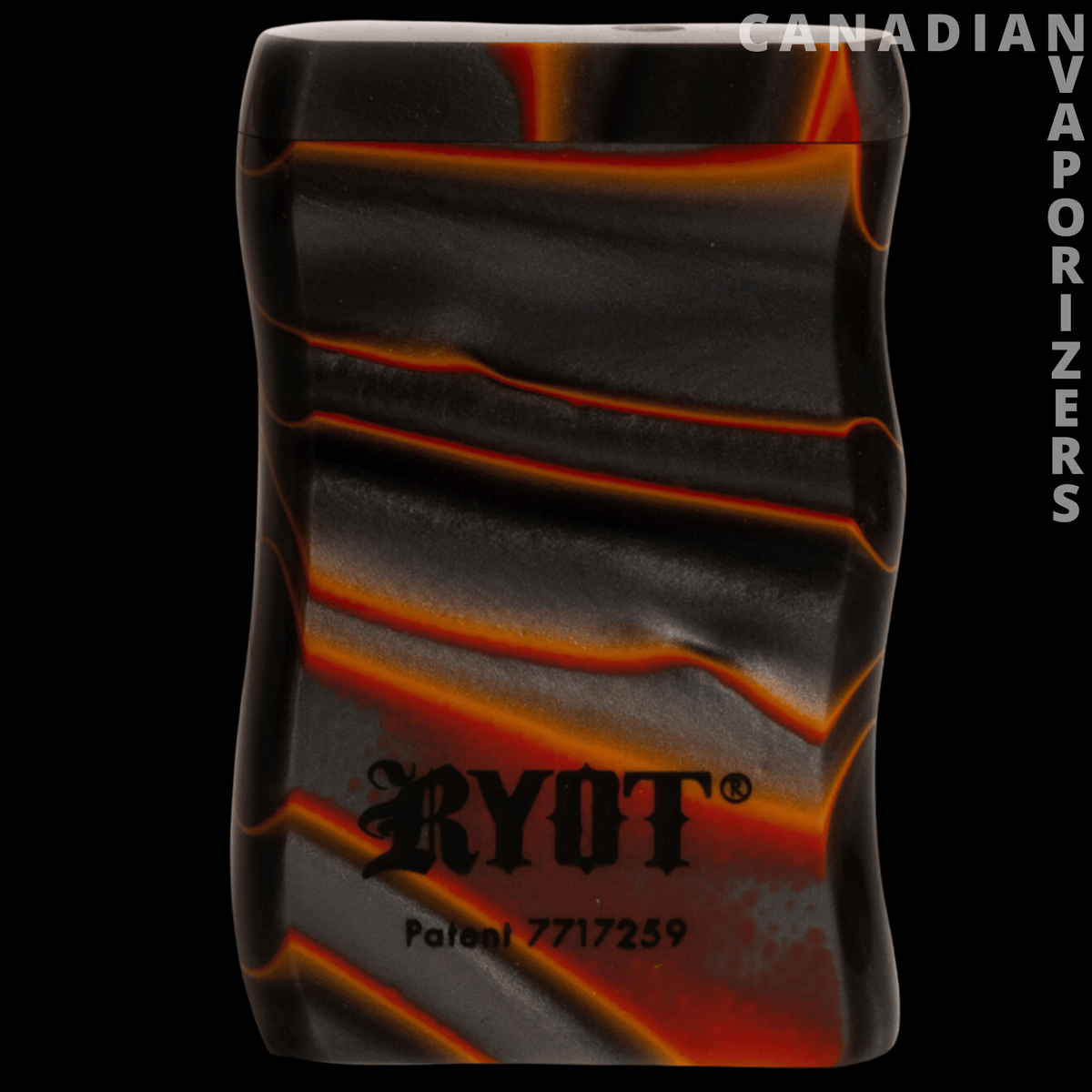 Ryot Short Acrylic Magnetic Dugout - Black acrylic dugout with flowing orange-red marbled stripes and a curved, compact design.