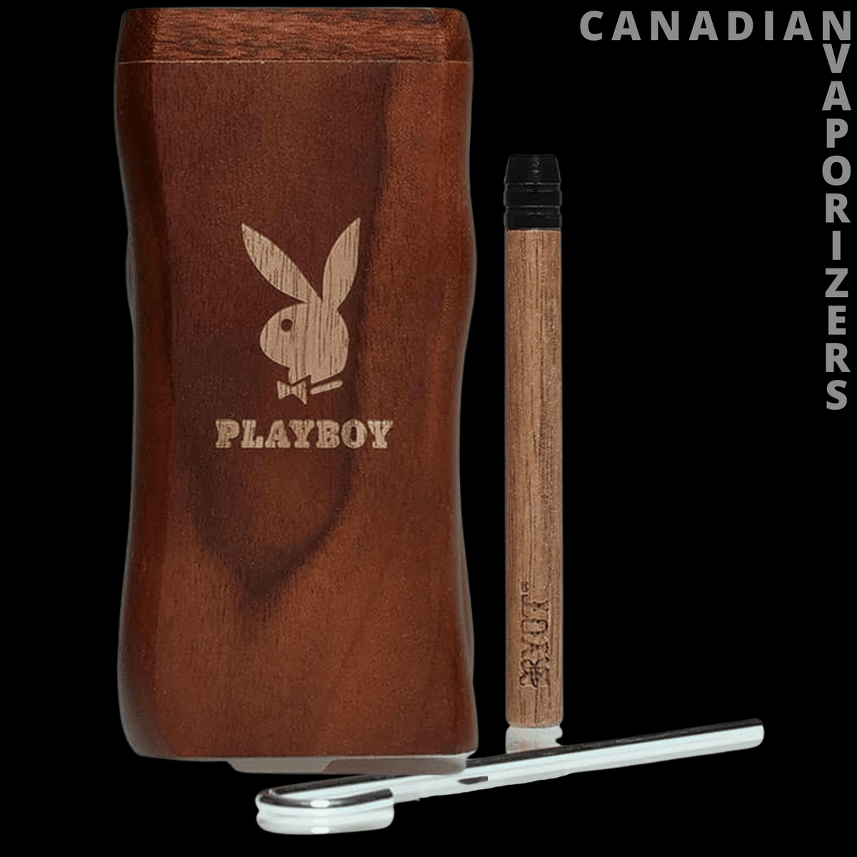 Ryot Wooden Magnetic Dugout (Playboy Edition) - Brown wooden Playboy dugout with a magnetic lid, slim matching hitter, and metal poker tool beside it.