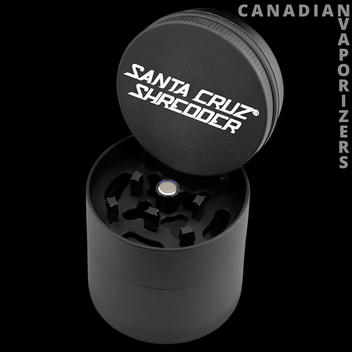 Santa cruz shredder large 4-piece pollinator 2.75" - Black Santa Cruz Shredder grinder with white logo, open lid, and visible grinding teeth.