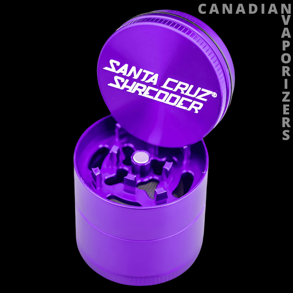 Santa cruz shredder large 4-piece pollinator 2.75" - Open purple four-piece grinder with Santa Cruz Shredder logo on the lid and visible metal teeth.