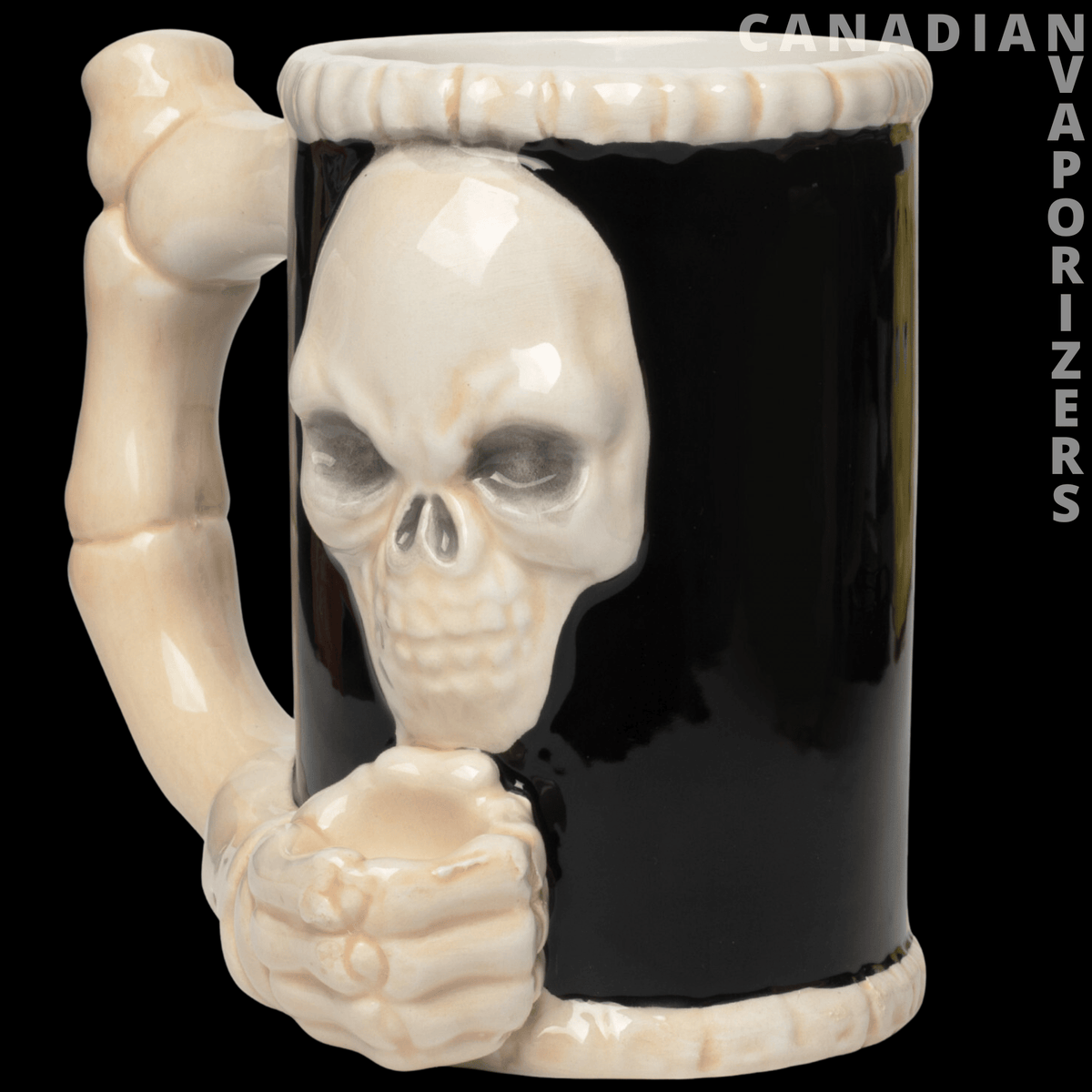 Skull & Bones Mug Pipe - Glossy black mug pipe with an ivory skull and bone-shaped handle and rim.