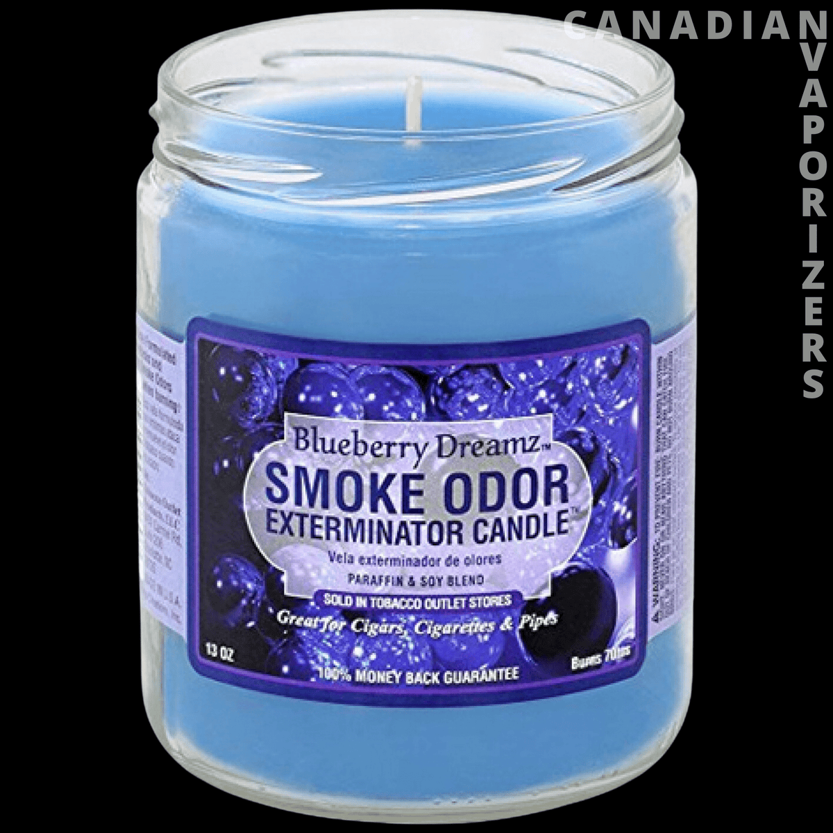 Smoke Odor Exterminator 13Oz Candle - Blueberry-scented smoke odor exterminator candle in a clear jar with bright blue wax and a purple label.