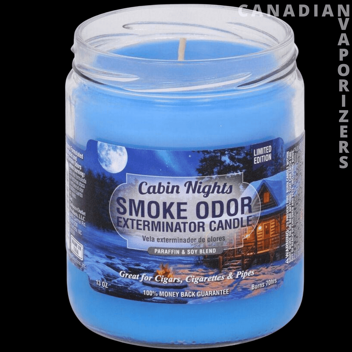 Smoke Odor Exterminator 13Oz Candle - Blue Smoke Odor Exterminator candle in a clear glass jar with a blue Cabin Nights label.