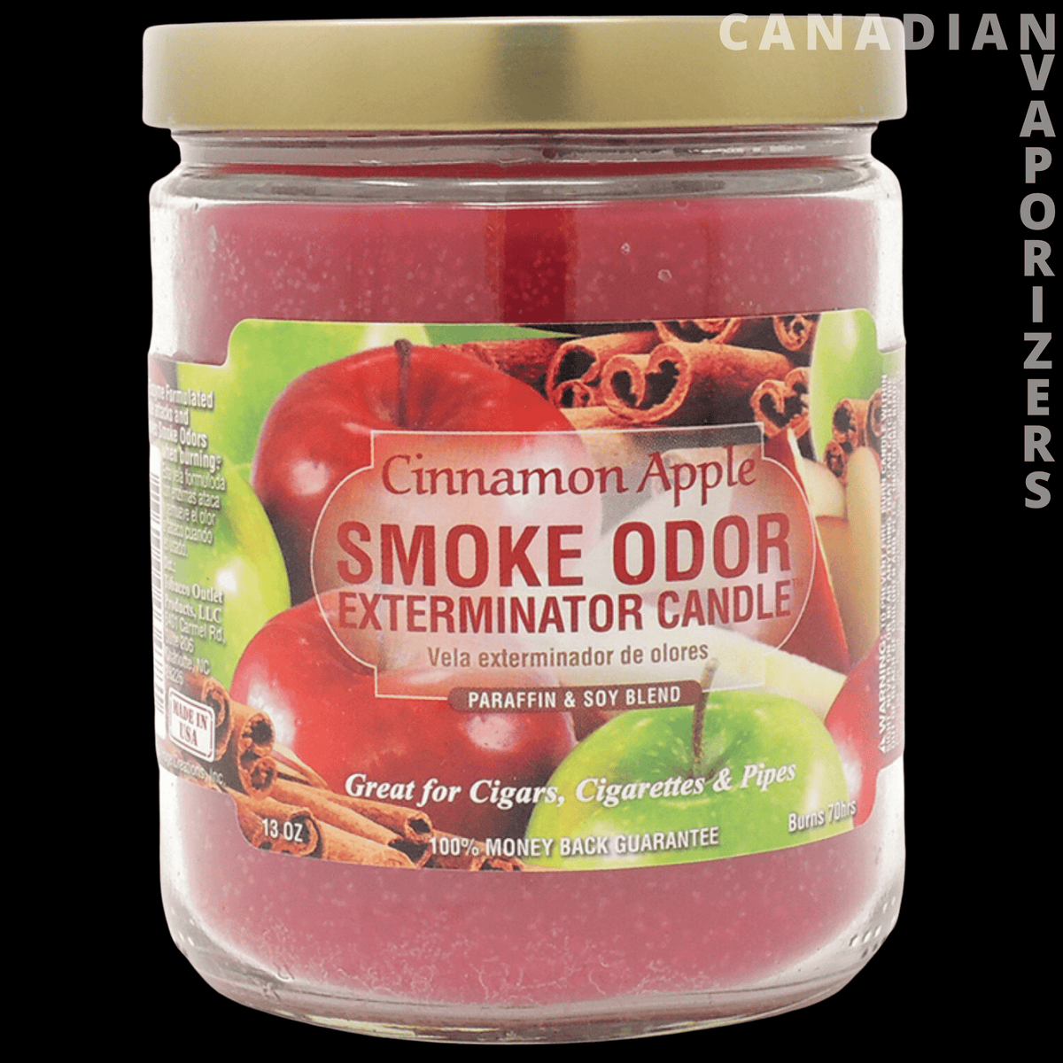 Smoke Odor Exterminator 13Oz Candle - Red cinnamon apple smoke odor exterminator candle in a clear glass jar with a red lid and fruit label.