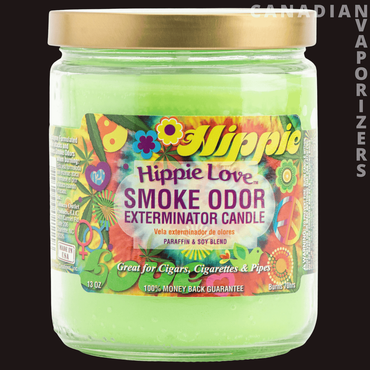 Smoke Odor Exterminator 13Oz Candle - Green glass Hippie Love Smoke Odor Exterminator candle with a colorful floral label and white lid.