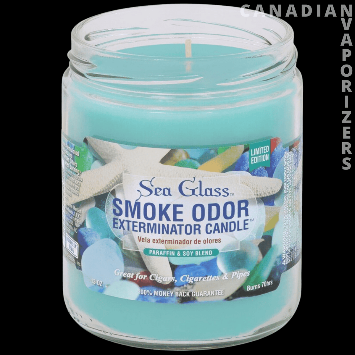 Smoke Odor Exterminator 13Oz Candle - Aqua-blue Sea Glass Smoke Odor Exterminator candle in a clear glass jar with a white screw-top lid.