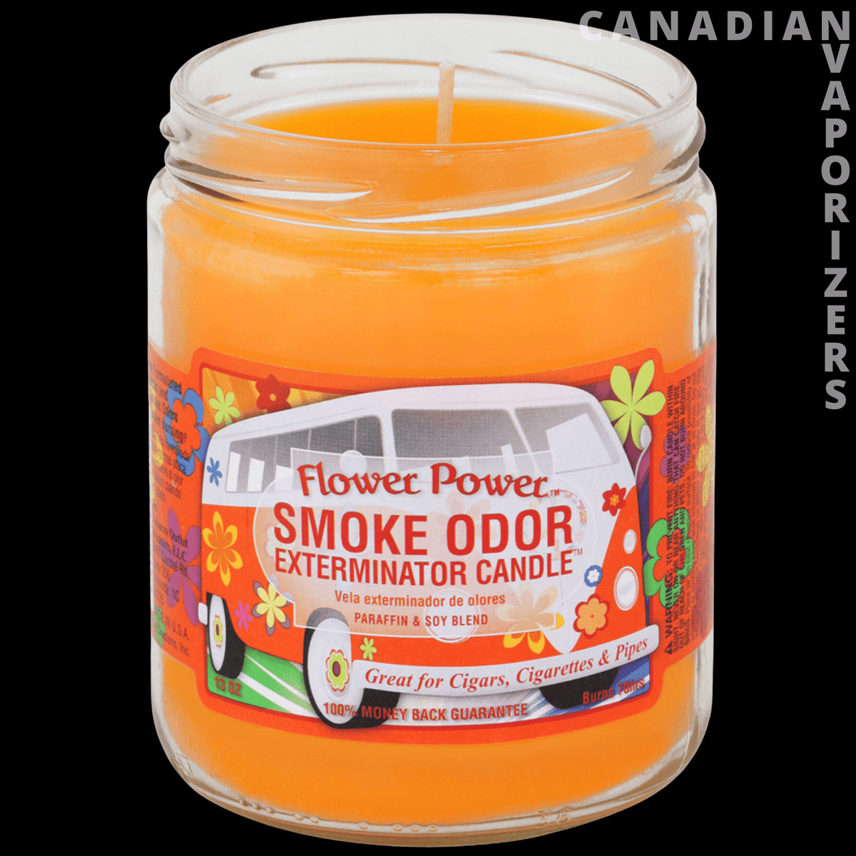 Smoke Odor Exterminator 13Oz Candle - Bright orange smoke odor exterminator candle in a clear glass jar with a colorful floral label.