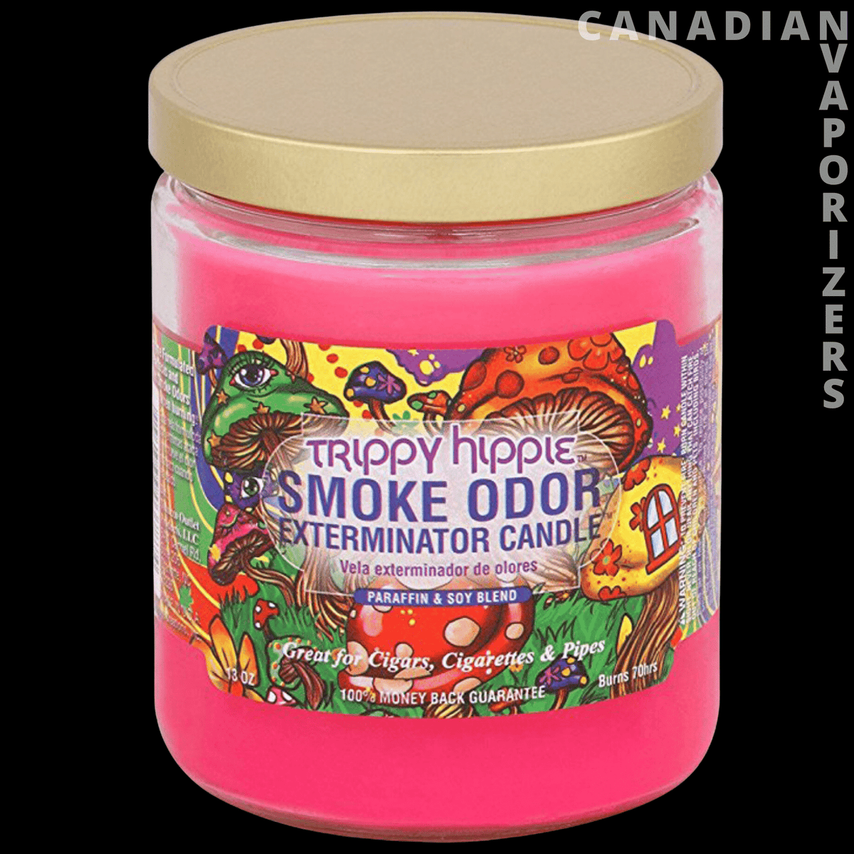 Smoke Odor Exterminator 13Oz Candle - Bright pink smoke odor exterminator candle in a clear glass jar with a gold lid and colorful tropical label.