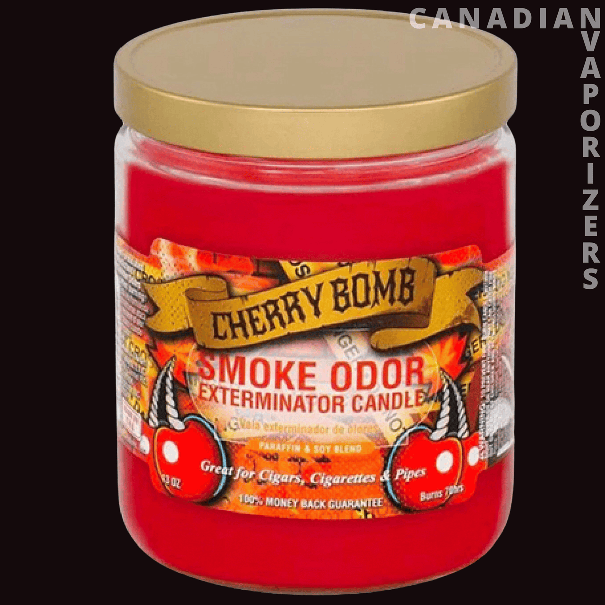Smoke Odor Exterminator 13Oz Candle - Red glass Cherry Bomb Smoke Odor Exterminator candle with a gold lid and bold fruit label.