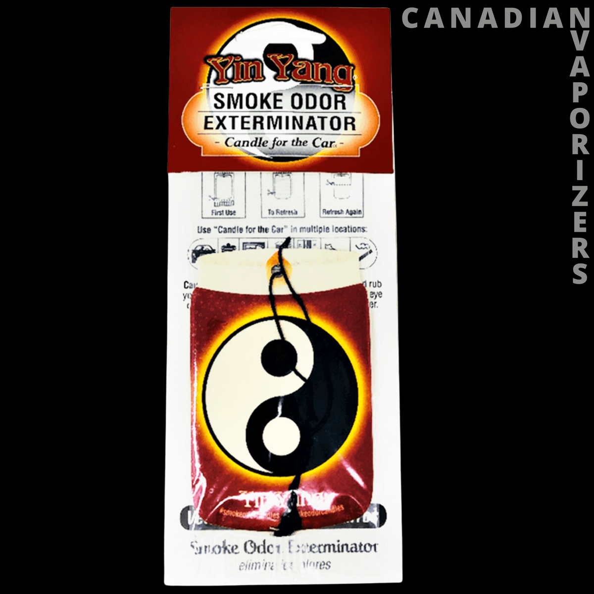 Smoke Odor Exterminator Car Hangers - Smoke Odor Exterminator car hanger with a black-and-white yin-yang design on red packaging and a hanging cord.