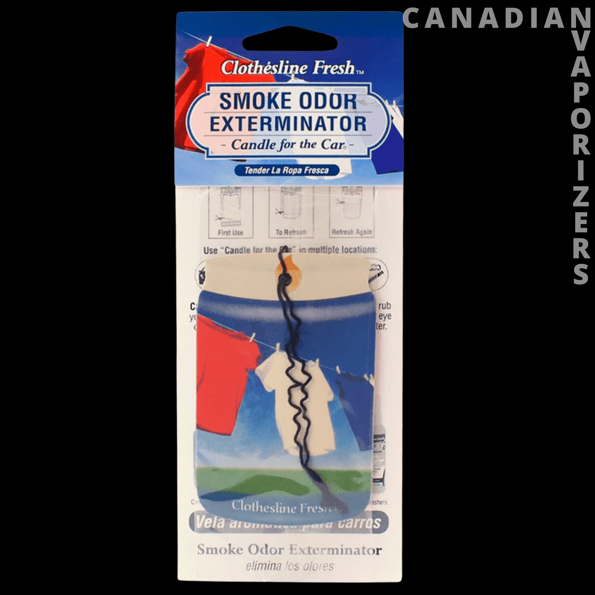 Smoke Odor Exterminator Car Hangers - Smoke Odor Exterminator car hanger in blue-and-white packaging with a dangling black scent tag.