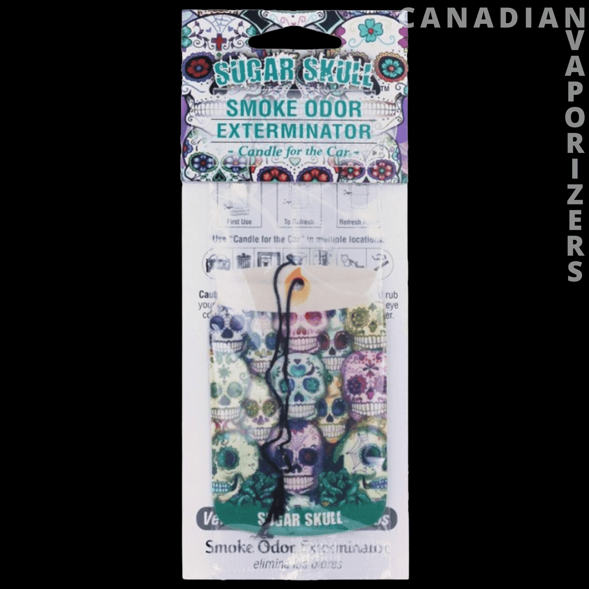 Smoke Odor Exterminator Car Hangers - Pack of colorful skull-patterned Smoke Odor Exterminator car air freshener hangers on a printed backing card.