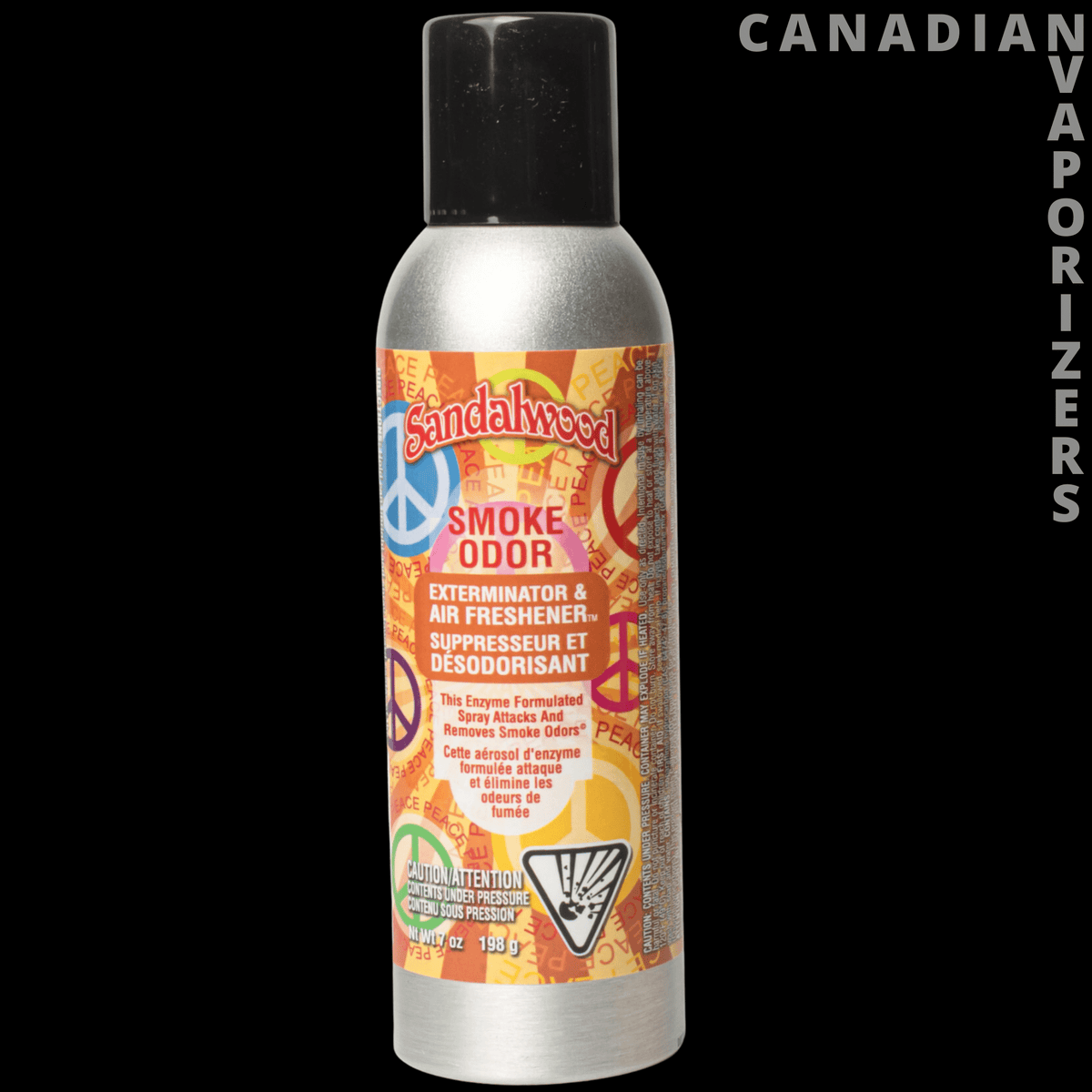 Smoke Odor Spray - Silver smoke odor spray can with a black cap and colorful orange-and-yellow label.