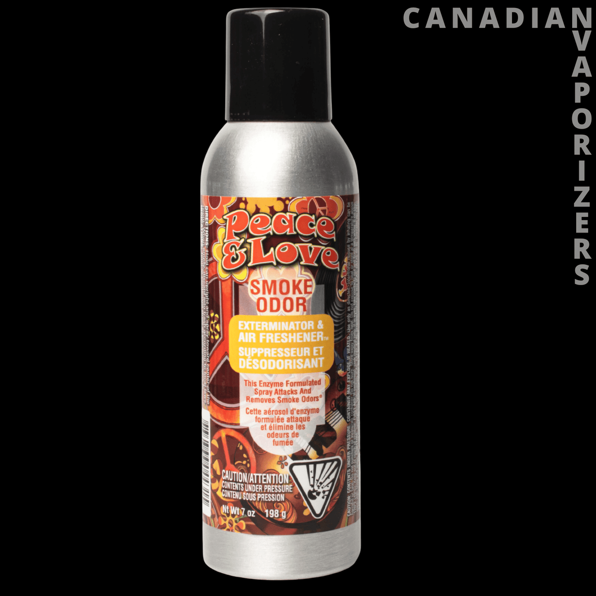 Smoke Odor Spray - Silver Peace & Love smoke odor spray can with a black cap and colorful label.