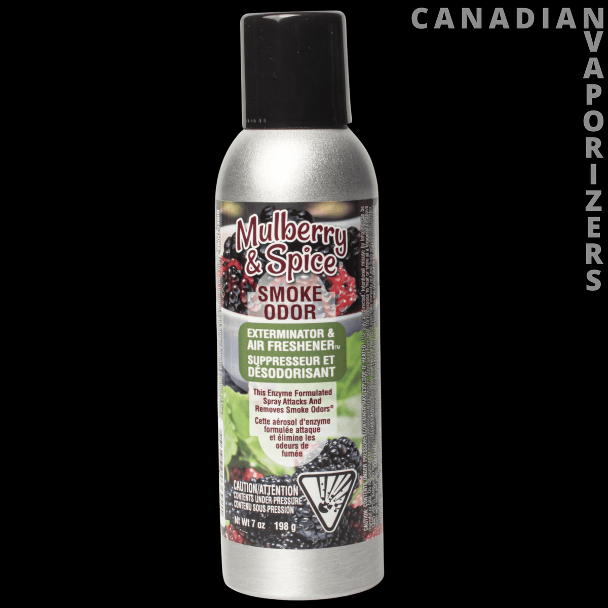 Smoke Odor Spray - Silver aerosol can of Mulberry & Spice smoke odor spray with a black cap and colorful label.