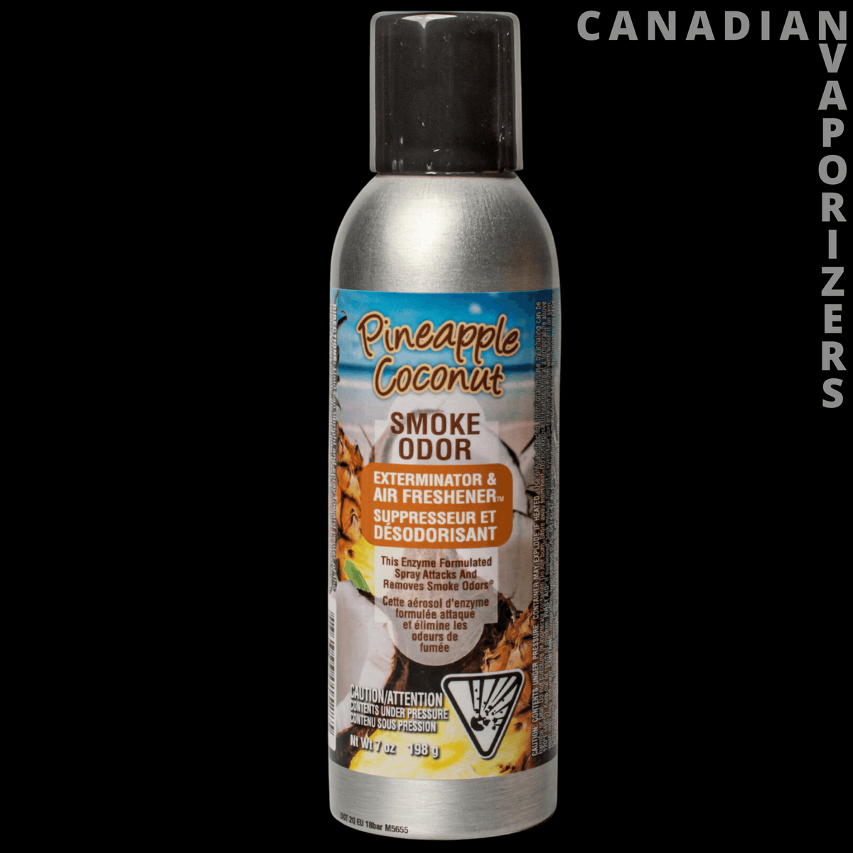 Smoke Odor Spray - Silver Pineapple Coconut smoke odor spray bottle with black cap and colorful bilingual label.