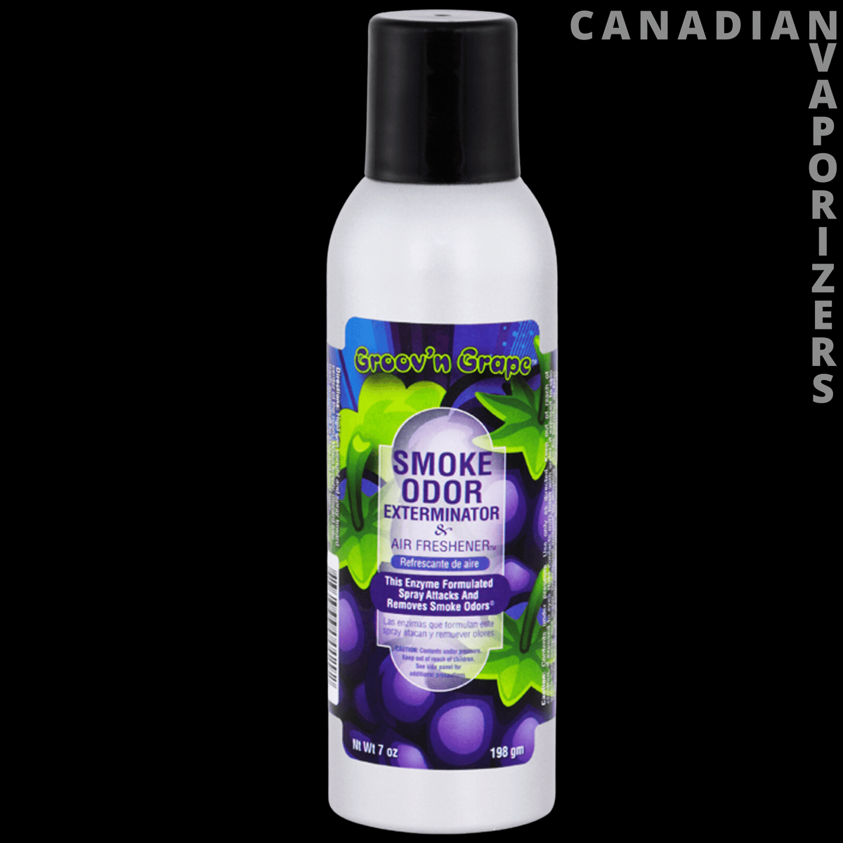 Smoke Odor Spray - White smoke odor spray bottle with black cap and purple grape-themed label for odor elimination.