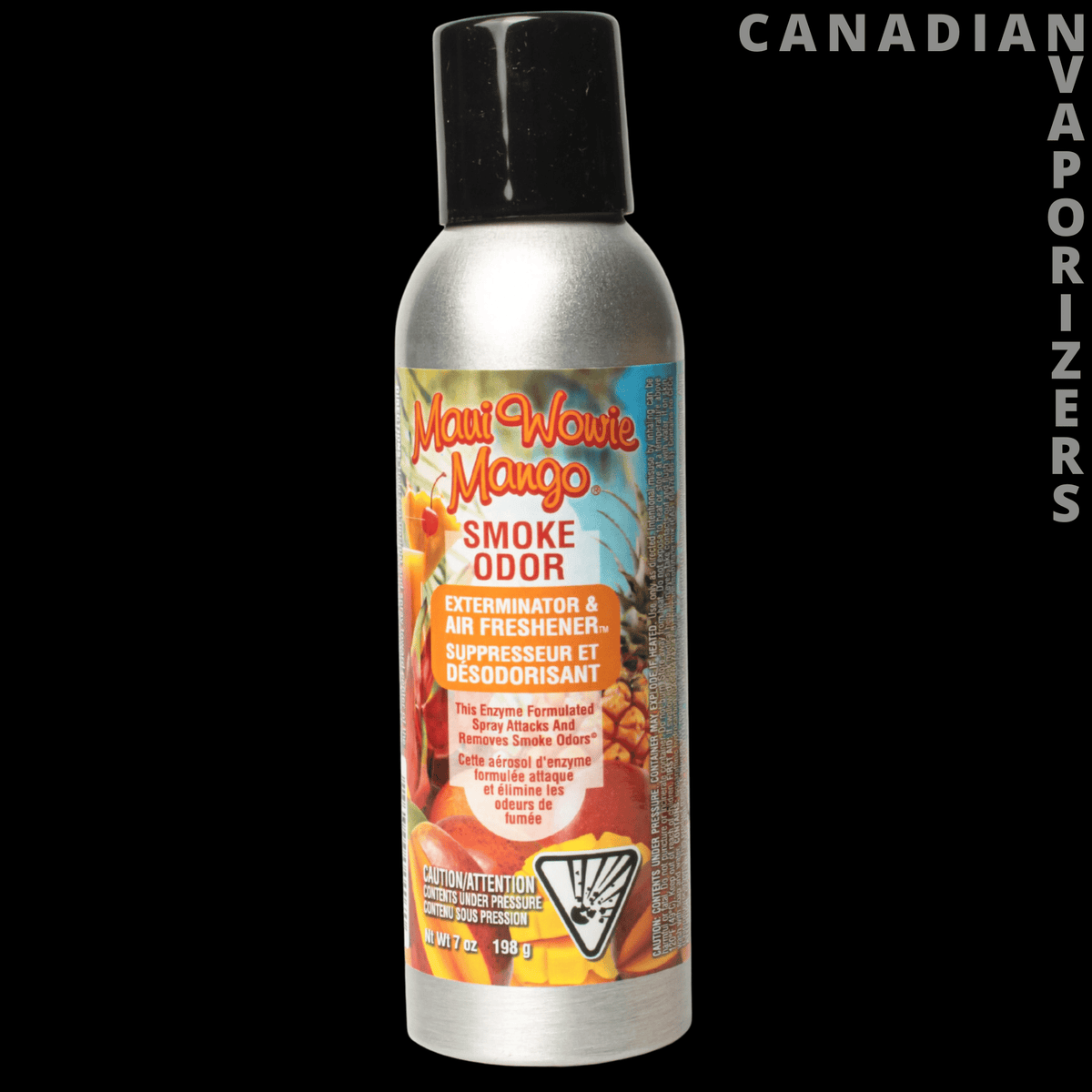 Smoke Odor Spray - Silver aerosol can of Mad Munchie Mango smoke odor spray with a black cap and colorful label.