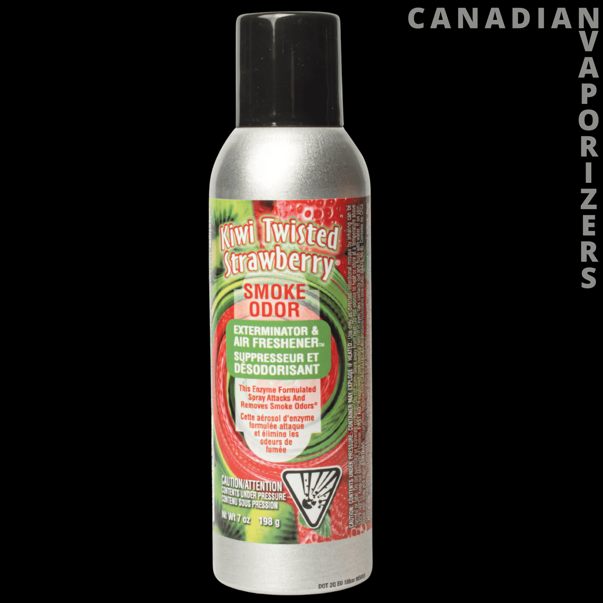 Smoke Odor Spray - Silver smoke odor spray can with a black cap and colorful strawberry label.