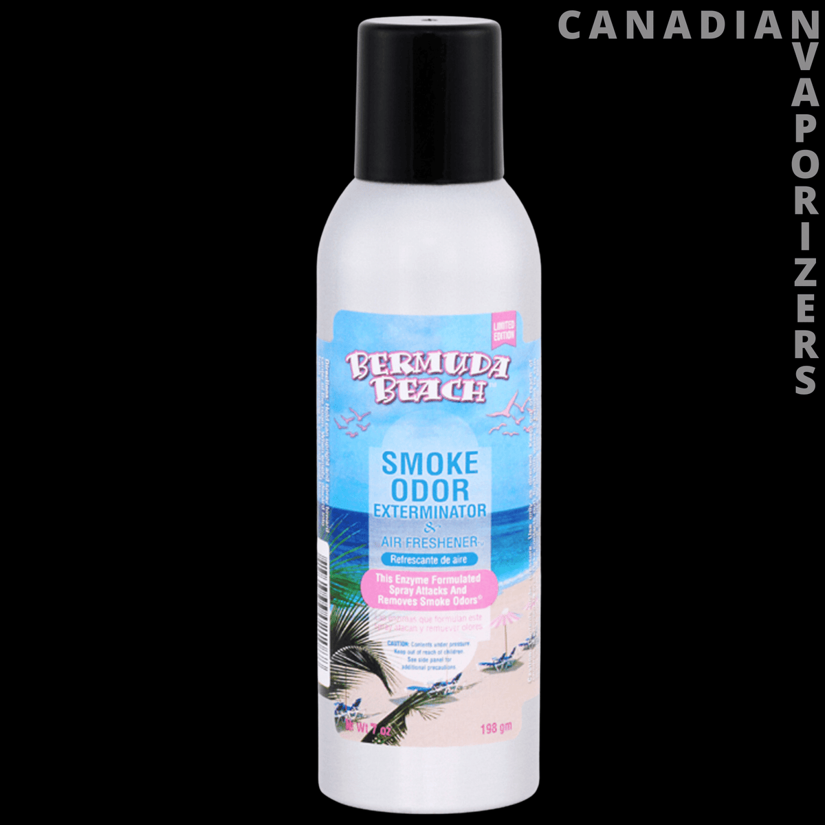 Smoke Odor Spray - White Smoke Odor Spray bottle with a black cap and blue-and-pink Bermuda Beach label.