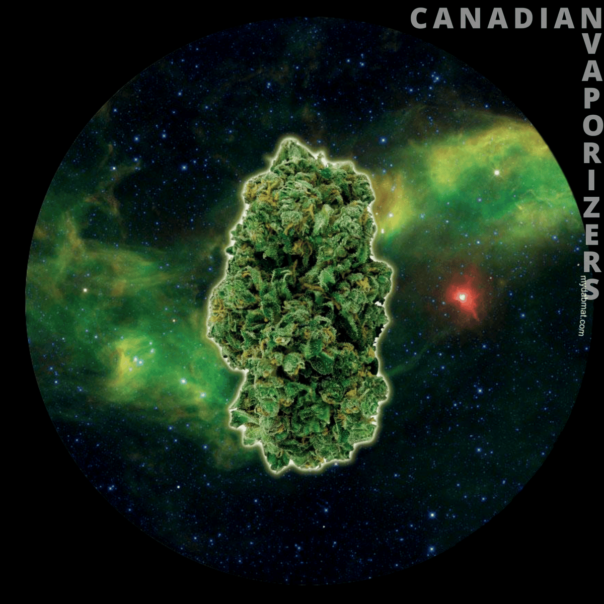 Space Nug Dab Mat - Round black dab mat with a glowing green cannabis bud floating in a colorful nebula and starfield.