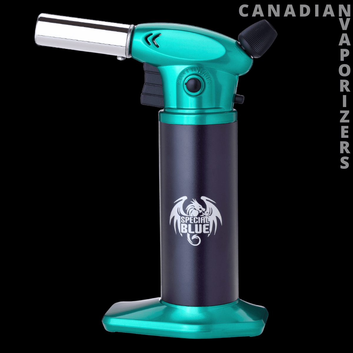 Special Blue Toro Torch - Turquoise and black butane torch with a silver nozzle, wide base, and Special Blue logo.